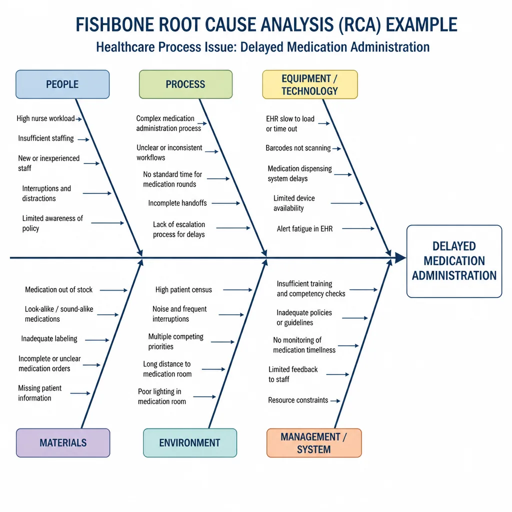 Healthcare quality fishbone diagram for RCA