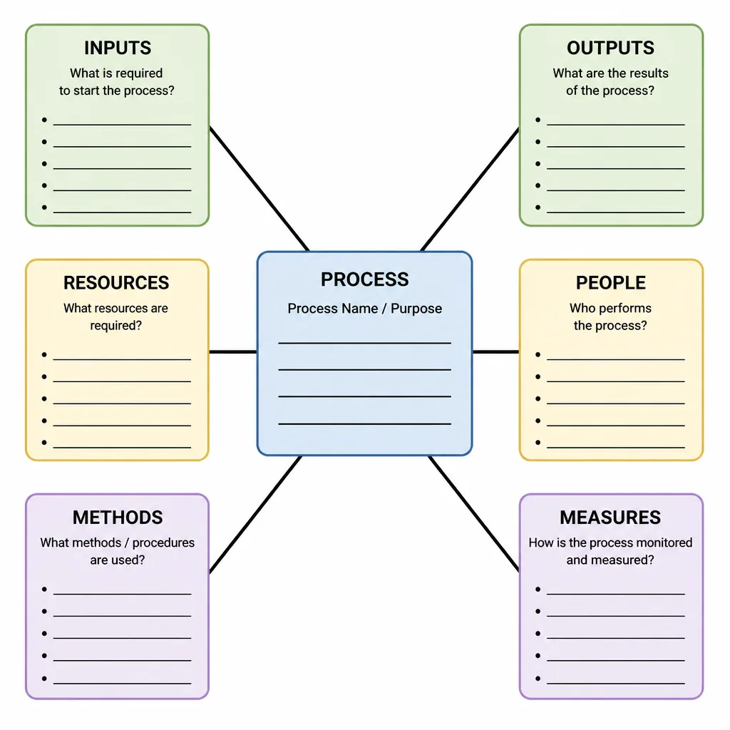 Turtle diagram template for ISO process mapping with six labeled limbs